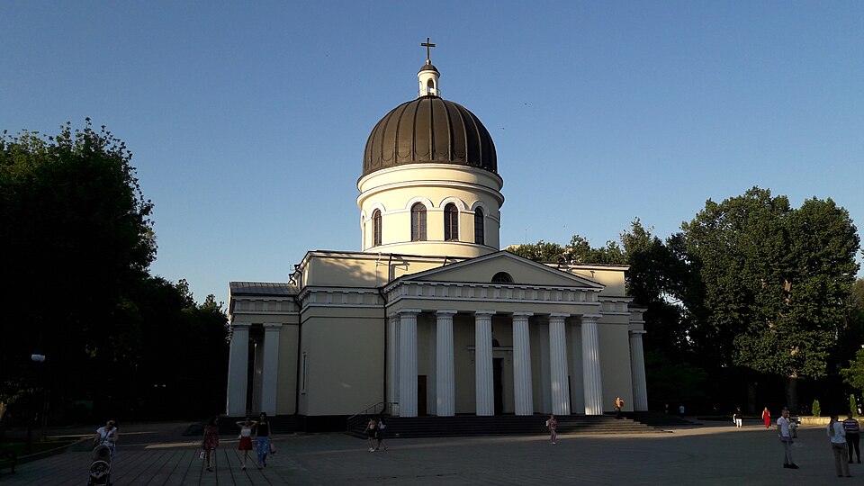 Neoclassical facade of the Nativity Cathedral in Chișinău, with Doric columns and a domed bell tower